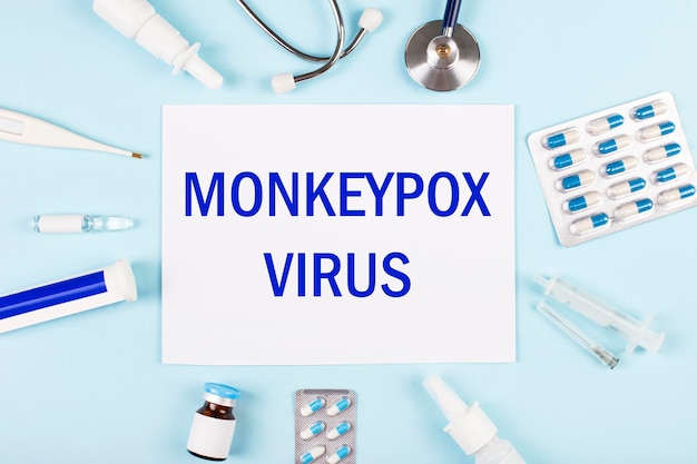 On a blue background a stethoscope a thermometer pills medicine bottles and a piece of paper with the text MONKEYPOX VIRUS inside View from above Medical concept