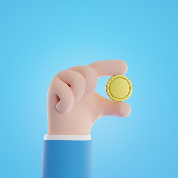 blue background There is one hand holding a gold coin in his hand.3D Rendering.