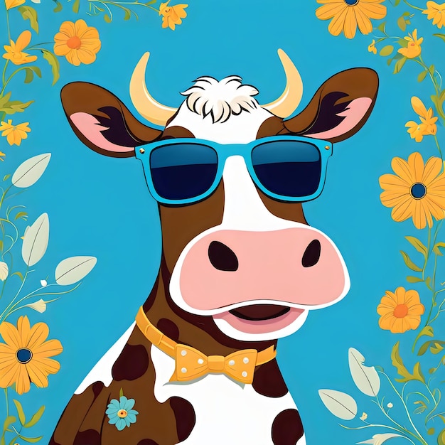 Photo blue background whimsical illustration of a cow wearing sunglasses