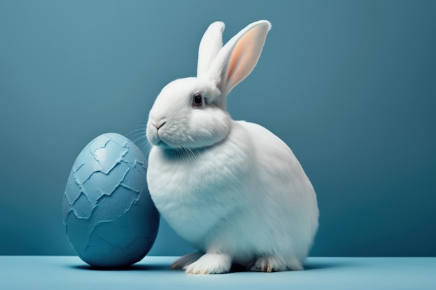 On a blue background a white Easter bunny holds a painted egg holiday concept for Easter