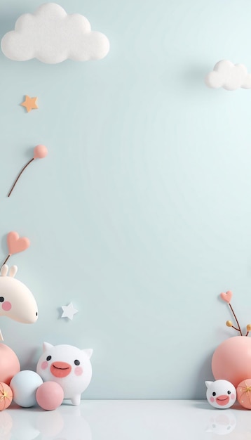 A blue background with 3D white clouds pink and blue pastel balloons and stars