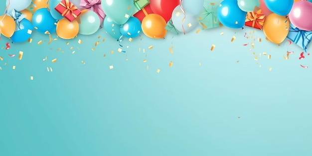 A blue background with balloons and confetti.