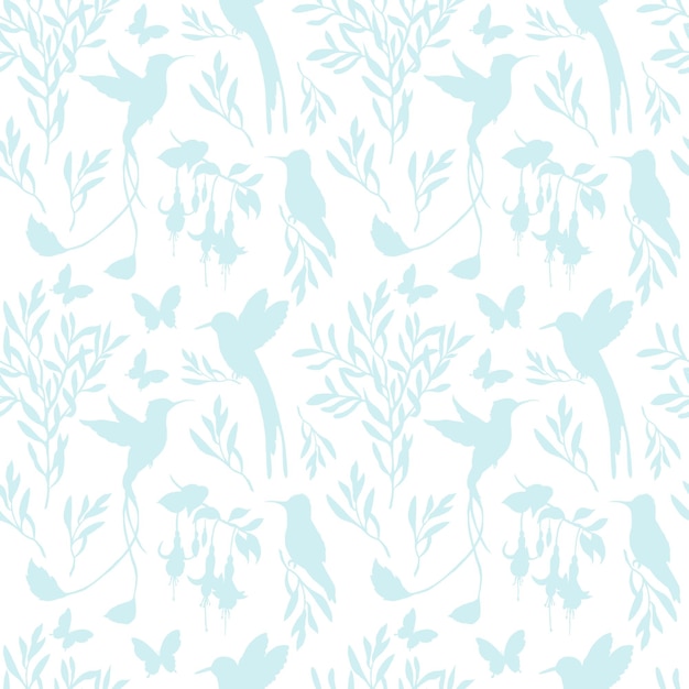 A blue background with birds and plants.