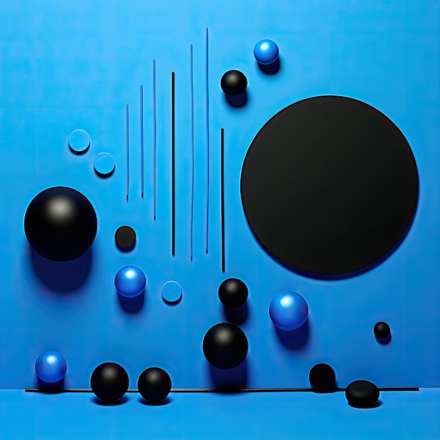 A blue background with black objects and a round ball