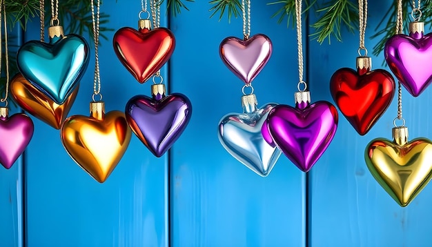 a blue background with a blue board with a heart shaped ornament hanging from it