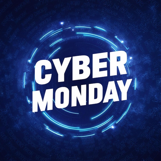 a blue background with a blue circle that says cyber monday on it