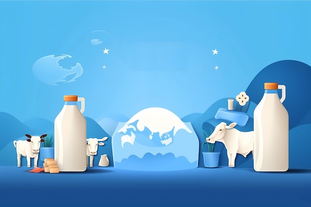 A blue background with a bottle of milk and a bottle of milk.