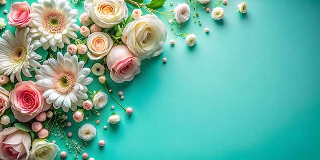 a blue background with a bouquet of flowers and a flower