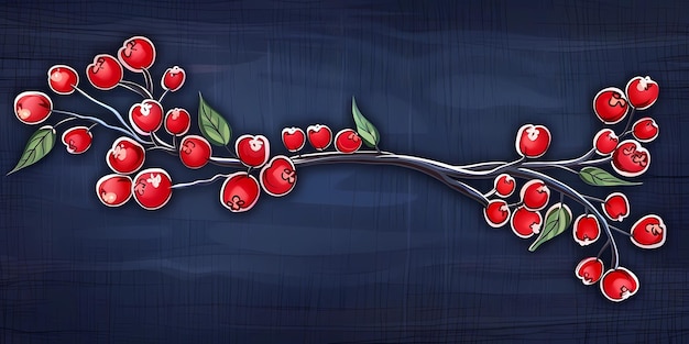 a blue background with a branch of cherries and berries