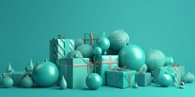 A blue background with a bunch of christmas ornaments.