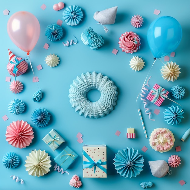 Photo a blue background with a bunch of different colored cupcakes and a sign that says  dont know what it is