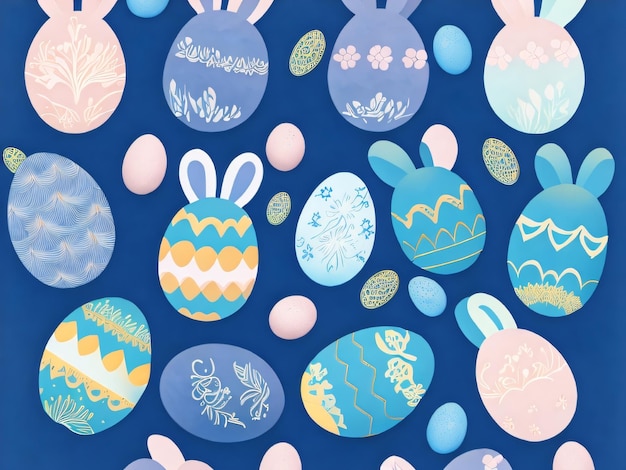 A blue background with a bunch of easter eggs and bunnies.