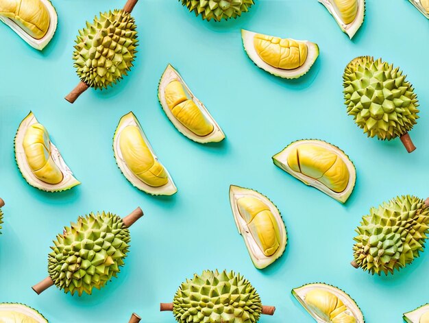 Photo a blue background with a bunch of green fruits with the word durian on it