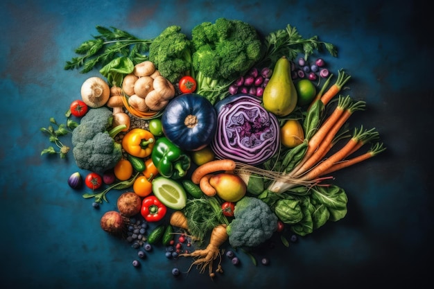 A blue background with a bunch of vegetables including fruit, vegetables, and a pear.