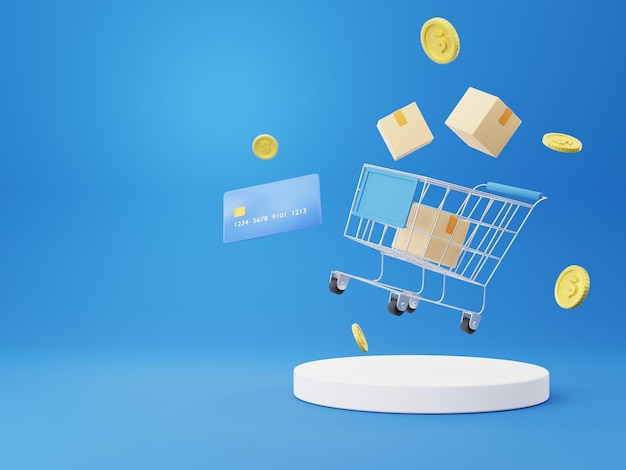 blue background with cart and credit card shopping online free space 3d rendering.