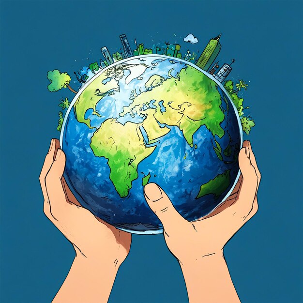 a blue background with a cartoon image of a person holding a globe with the words world on it