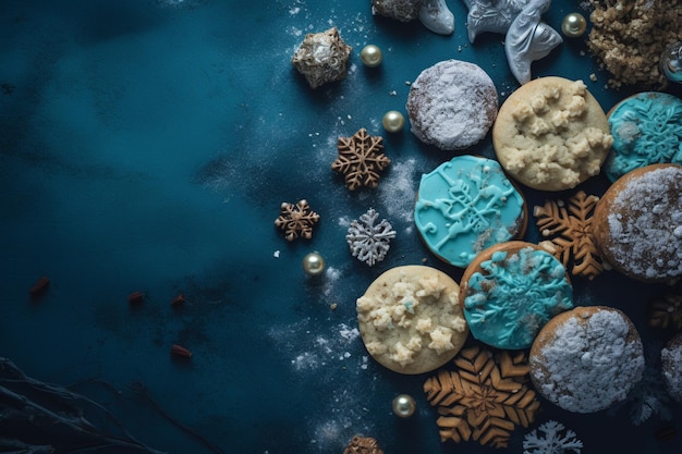 A blue background with christmas cookies and snowflakes