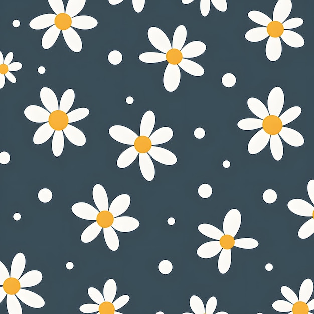 a blue background with daisies and white dots on it