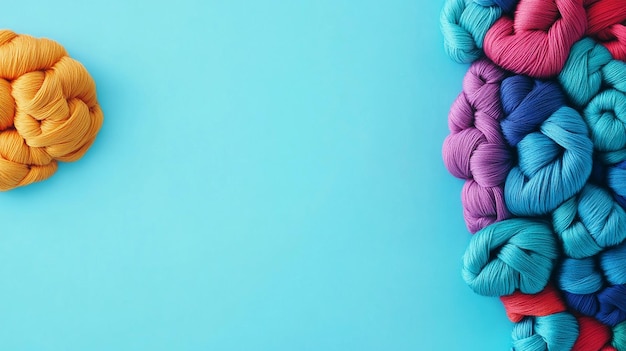 Photo a blue background with different colors of yarn