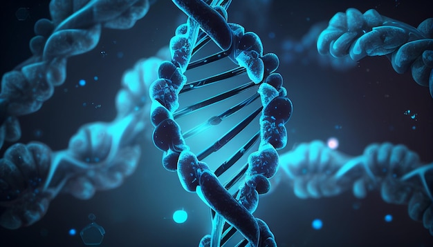 A blue background with a DNA strand