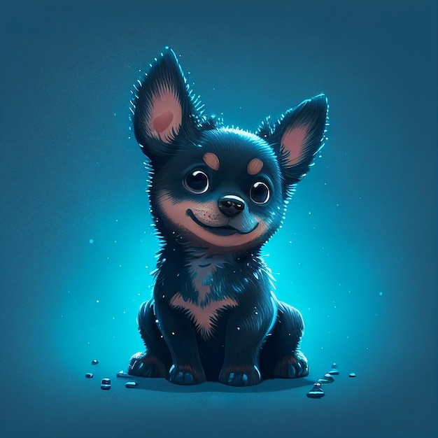 A blue background with a dog with a black face and a blue background.