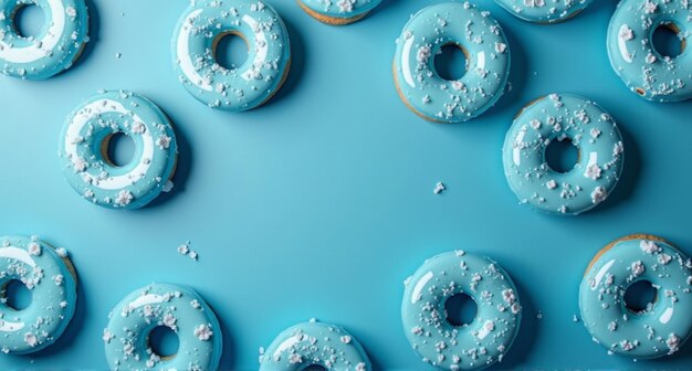 Photo a blue background with donuts and a blue background with a bird flying in the middle