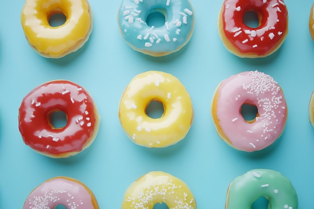 Photo a blue background with donuts with sprinkles on them