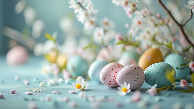 Blue background with easter eggs and spring flowers