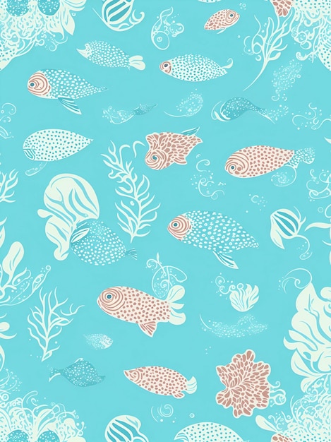 A blue background with fish and plants.