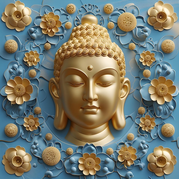 blue background with floral motifs adorn the golden buddha face 3d visual design