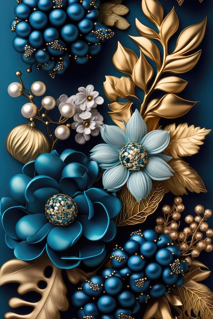 A blue background with flowers and berries.