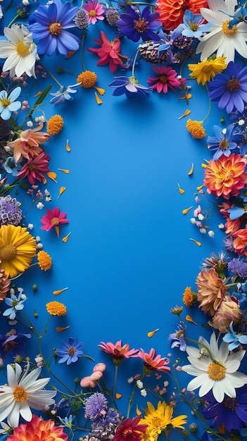 Photo a blue background with flowers and a blue background with a place for a text that says  spring