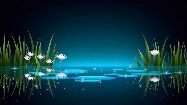 A blue background with flowers and grass in the water.