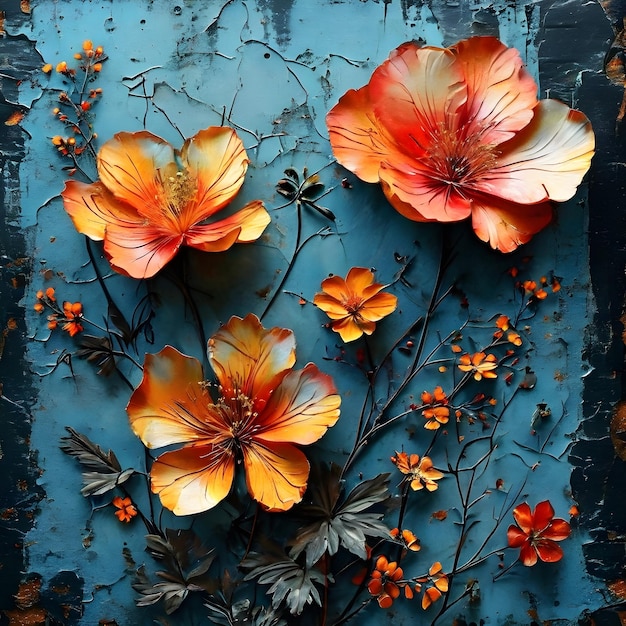 a blue background with flowers and leaves that say flowers