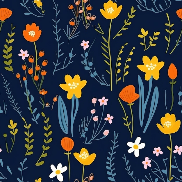 A blue background with flowers and leaves.