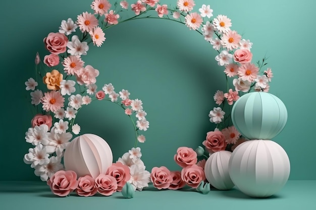 A blue background with flowers and pumpkins