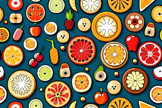 A blue background with fruits and vegetables on it.