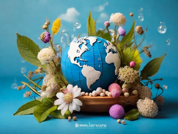 a blue background with a globe and flowers and the words quot hoora quot on it