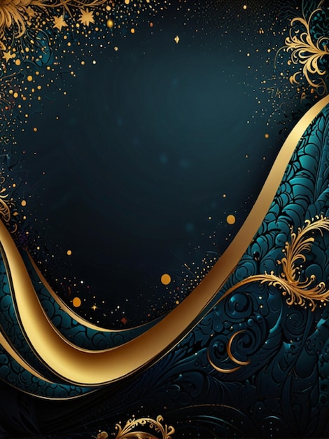 a blue background with gold and black swirls and gold swirls