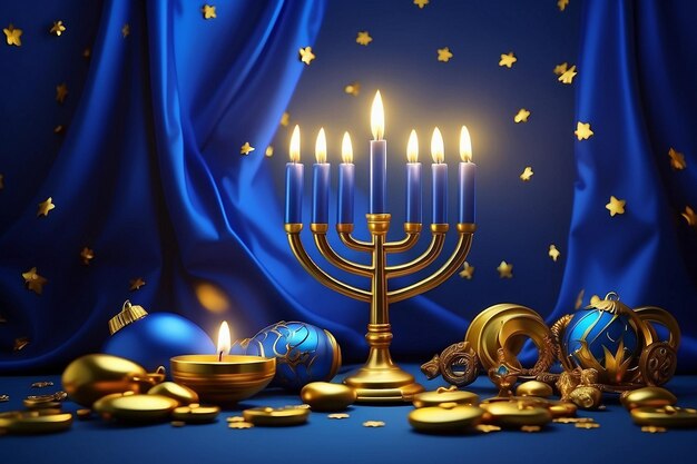 a blue background with a gold menorah and a blue background with a blue curtain and gold star