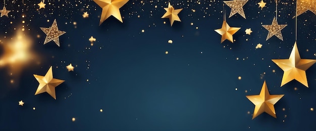 A blue background with gold stars hanging from the top