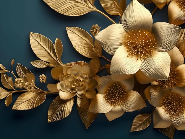 A blue background with golden flowers and leaves