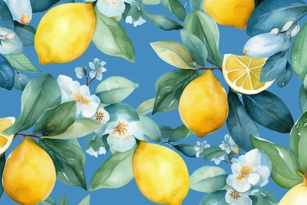 A blue background with lemons and flowers.