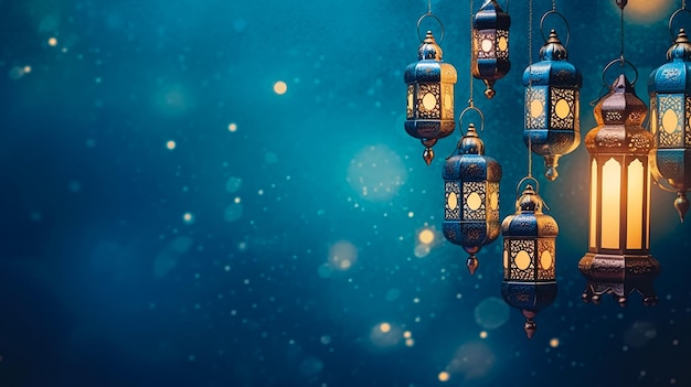 A blue background with lights and a banner for ramadan