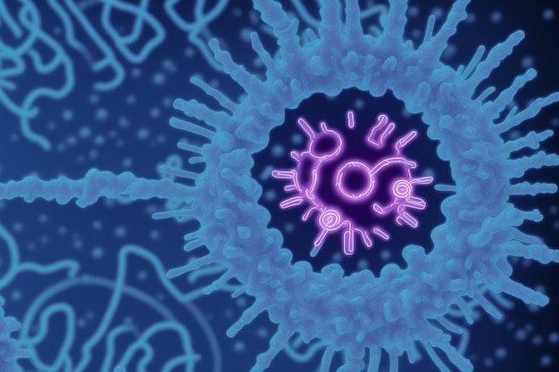 A blue background with neon blue and purple coronaviruses and a blue background.