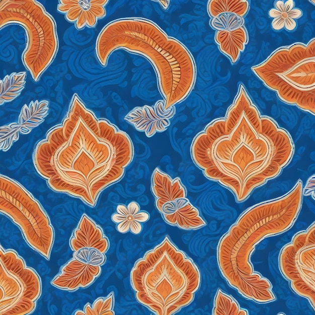 a blue background with orange flowers and butterflies