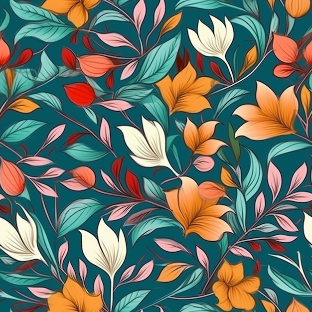 A blue background with orange and green flowers and leaves generative ai