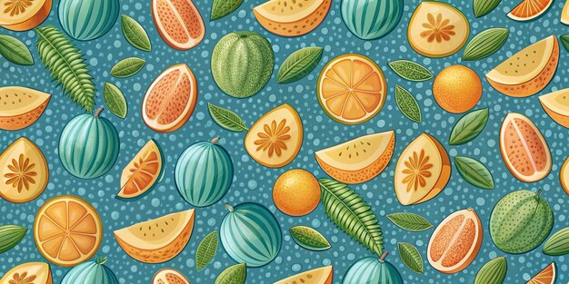 a blue background with oranges and limes