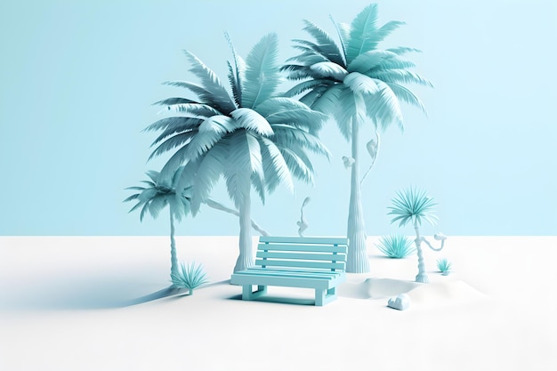 A blue background with palm trees and a bench in the foreground.