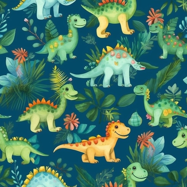 a blue background with a pattern of dinosaurs and plants generative ai